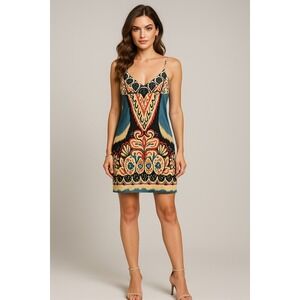 Y2K Rampage Dress Womens M Blue Tank Floral Tribal Boho Chic Mini Parisian